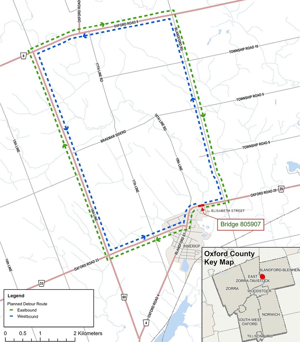 Oxford Road 29 bridge, Innerkip - Detour map