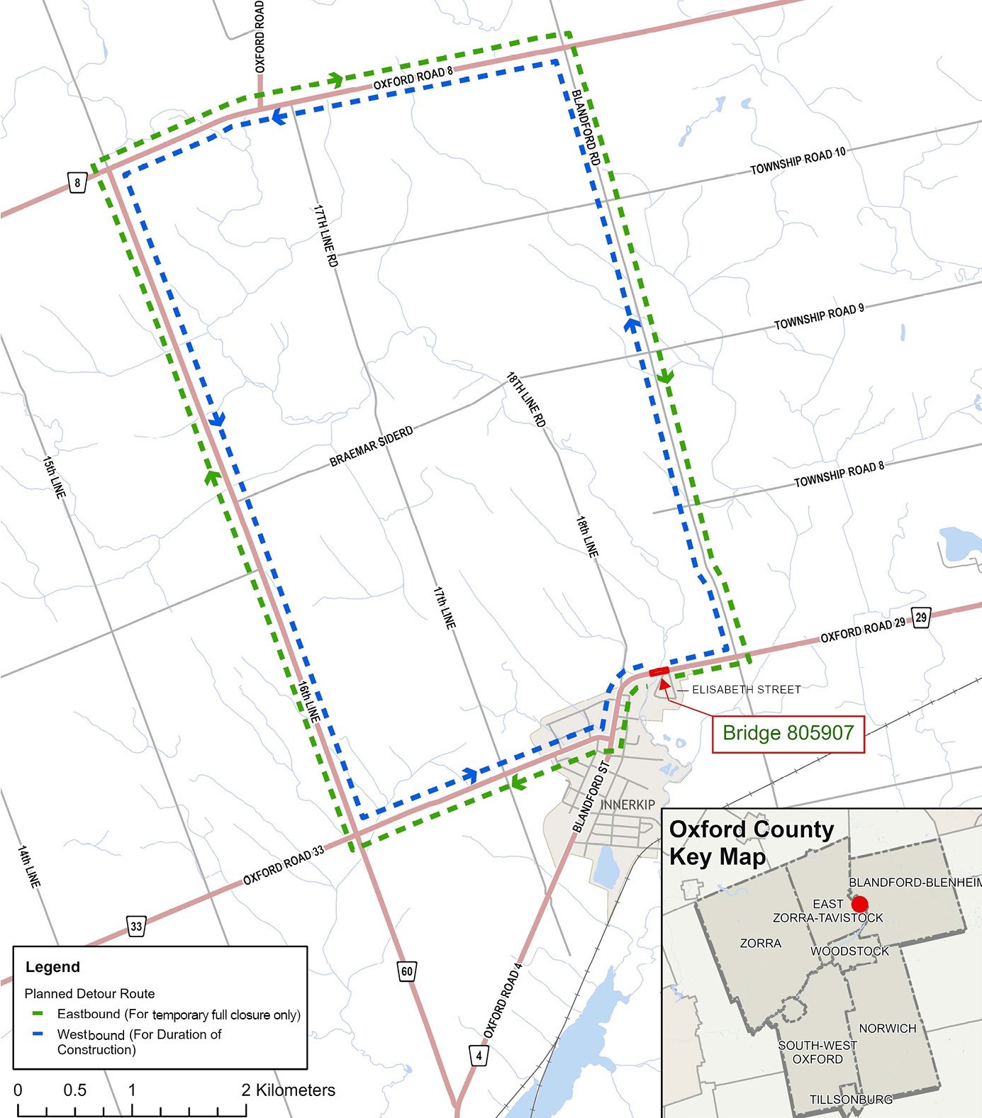 oxford Road 29 bridge, Innerkip - Detour route for extended closure