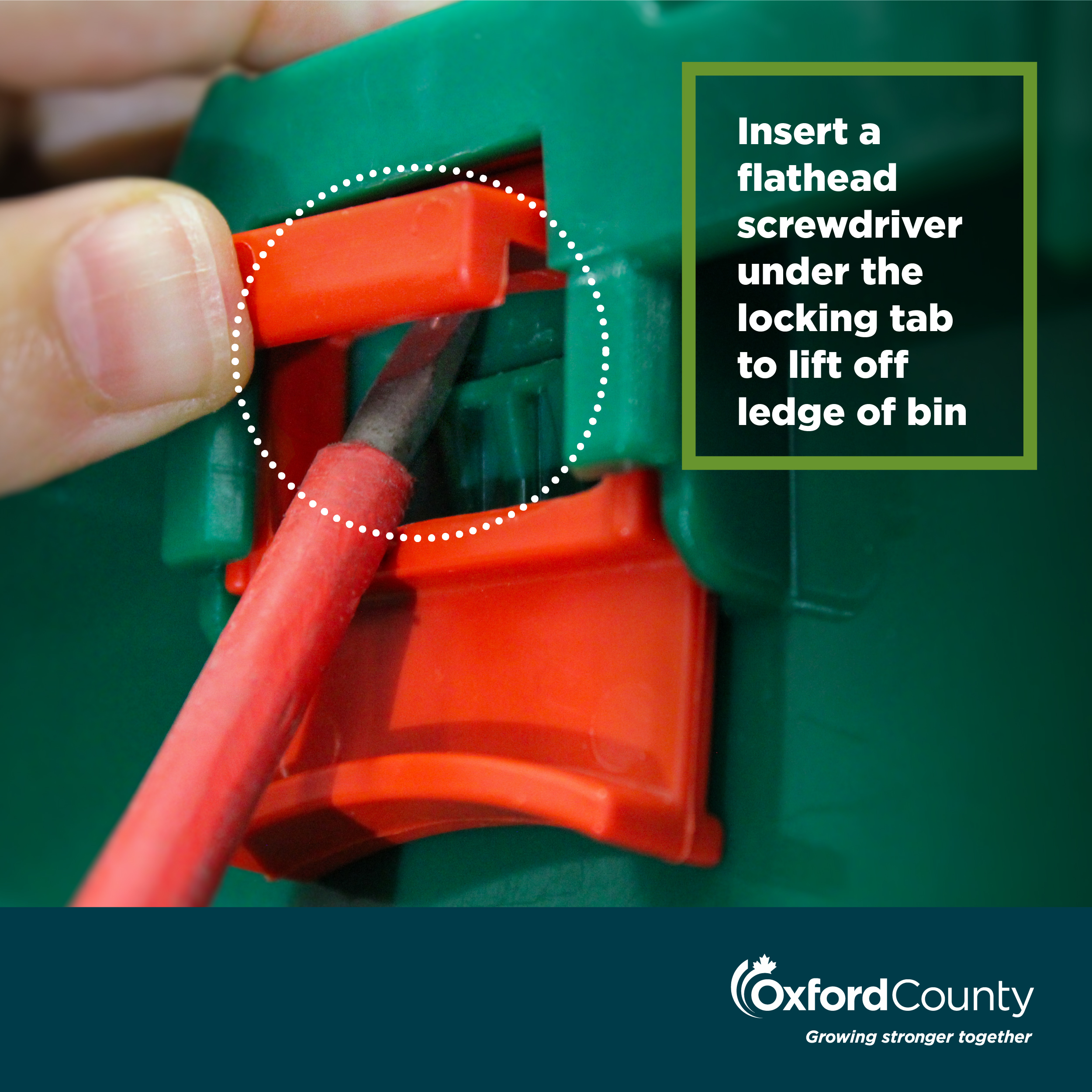 Insert a flathead screwdriver un the locking tab to lift off ledge of bin