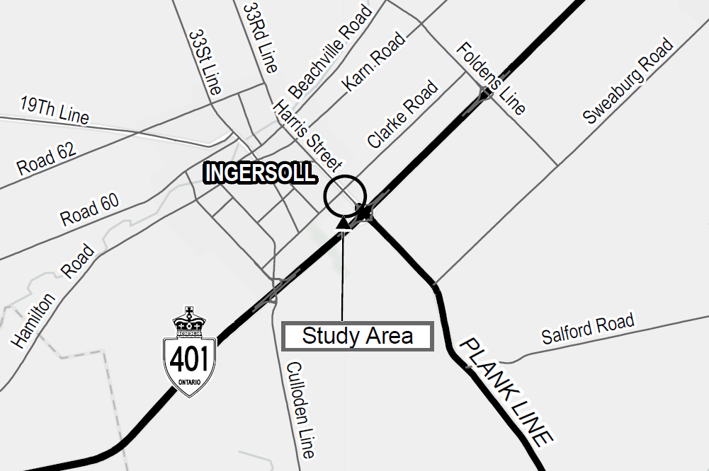 Oxford Road 119 (Harris Street) and Clarke Road intersection, Ingersoll - Study area map
