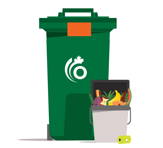 Graphic of Green bin and kitchen container full of food