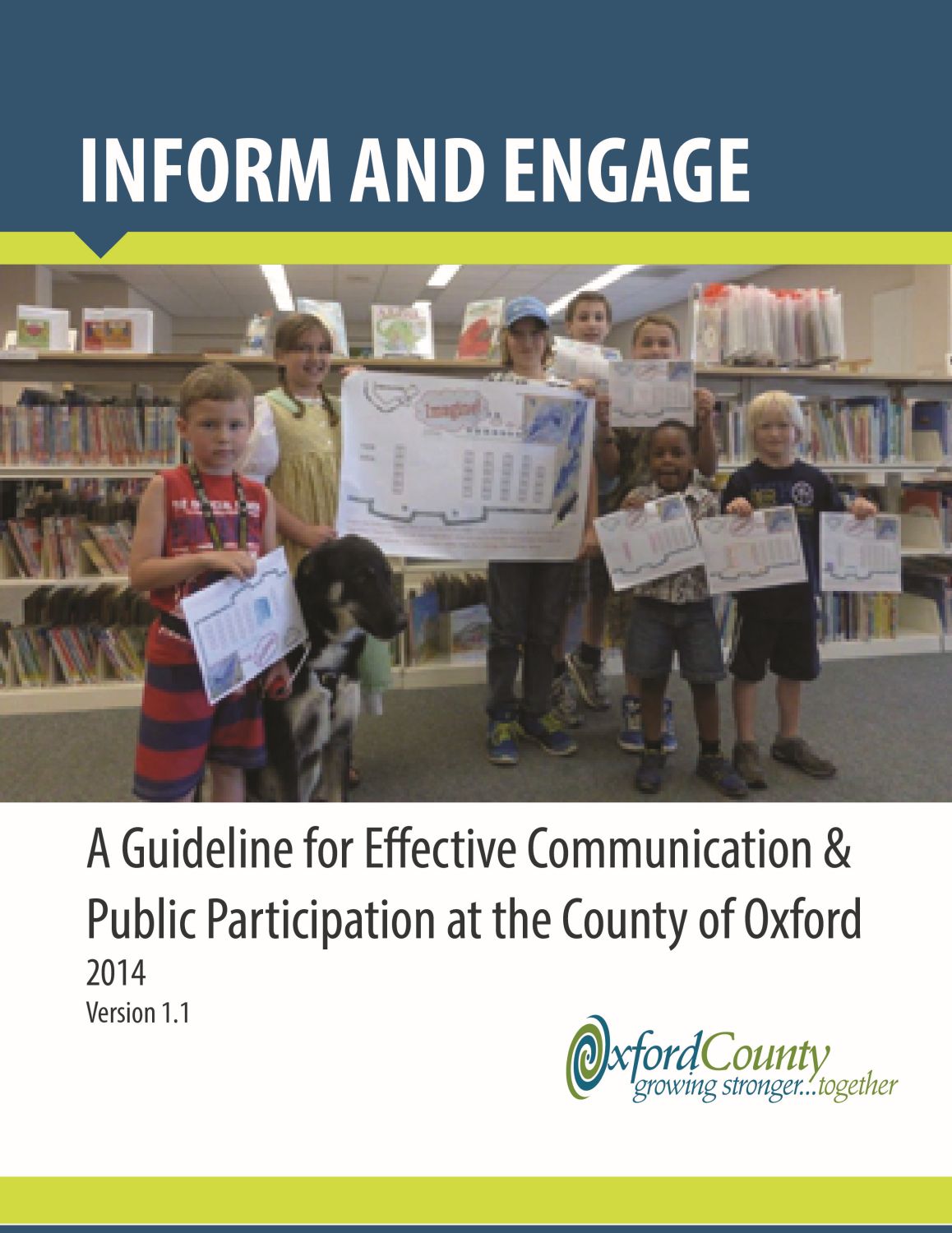 Children in a library holding up a sign, cover of the Inform and Engage publication