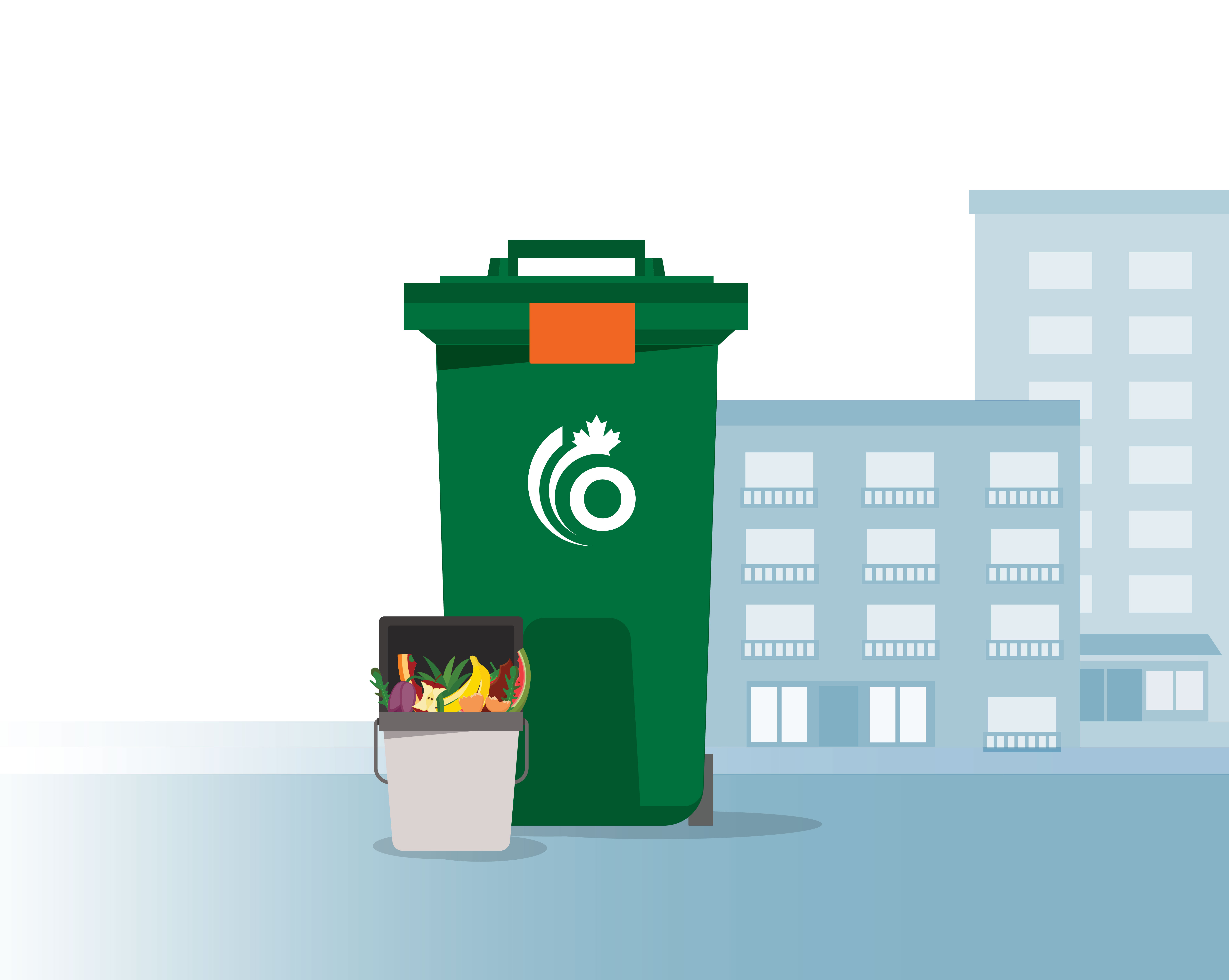Graphic of a green bin and kitchen catcher in front of apartment buildings