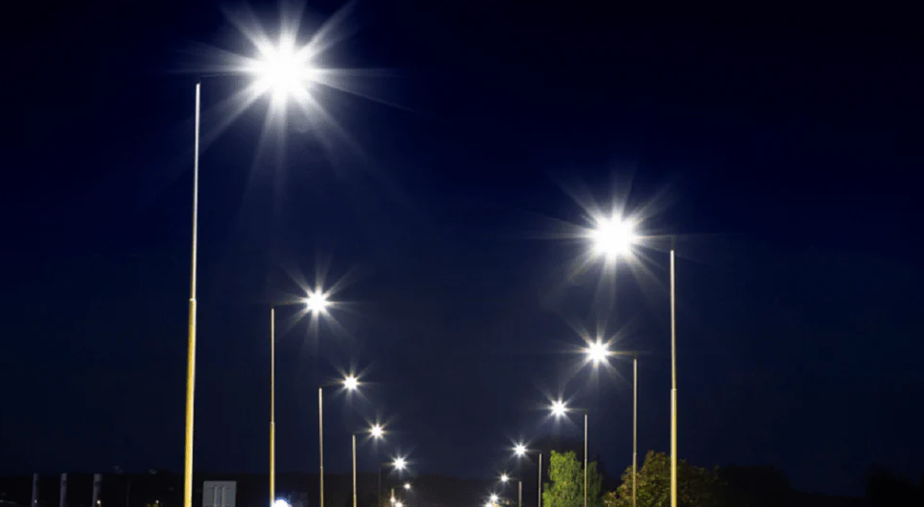 Street lights on roadway at night