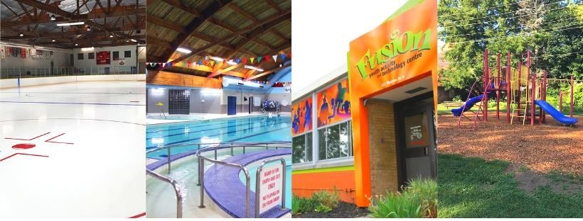 Collage of ice rink, community pool, youth centre, and playground