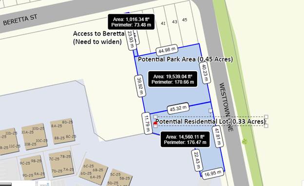 The image shows a parking lot layout with marked areas for potential residential lots and park spaces, including specific measurements for each plot.
AI-generated content may be incorrect.