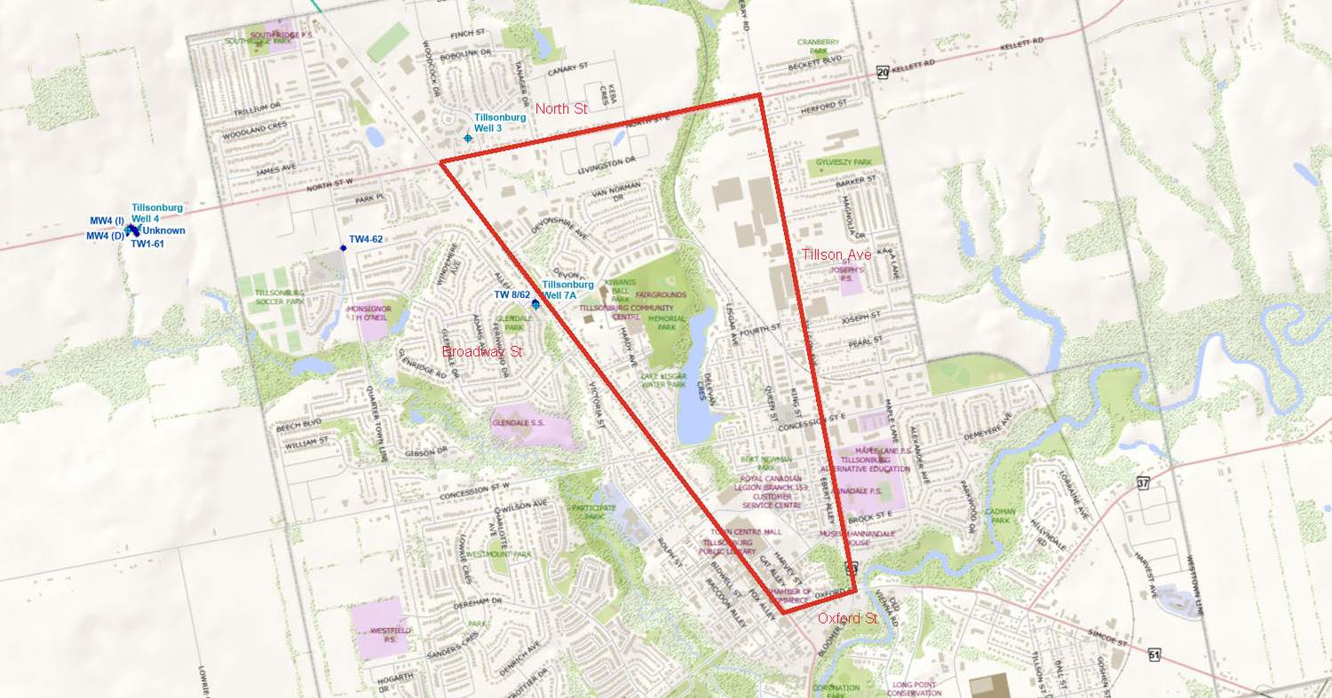Map of Boil Water Advisory - Tillsonburg (October 9)