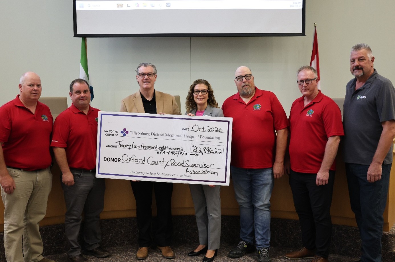 Representatives a cheque donation to Tillsonburg District Memorial Hospital, funded through proceeds from the 2025 AORS Public Works Trade Show